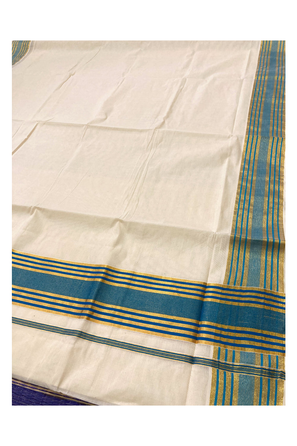 Kerala Pure Cotton Plain Saree with Kasavu and Blue Border