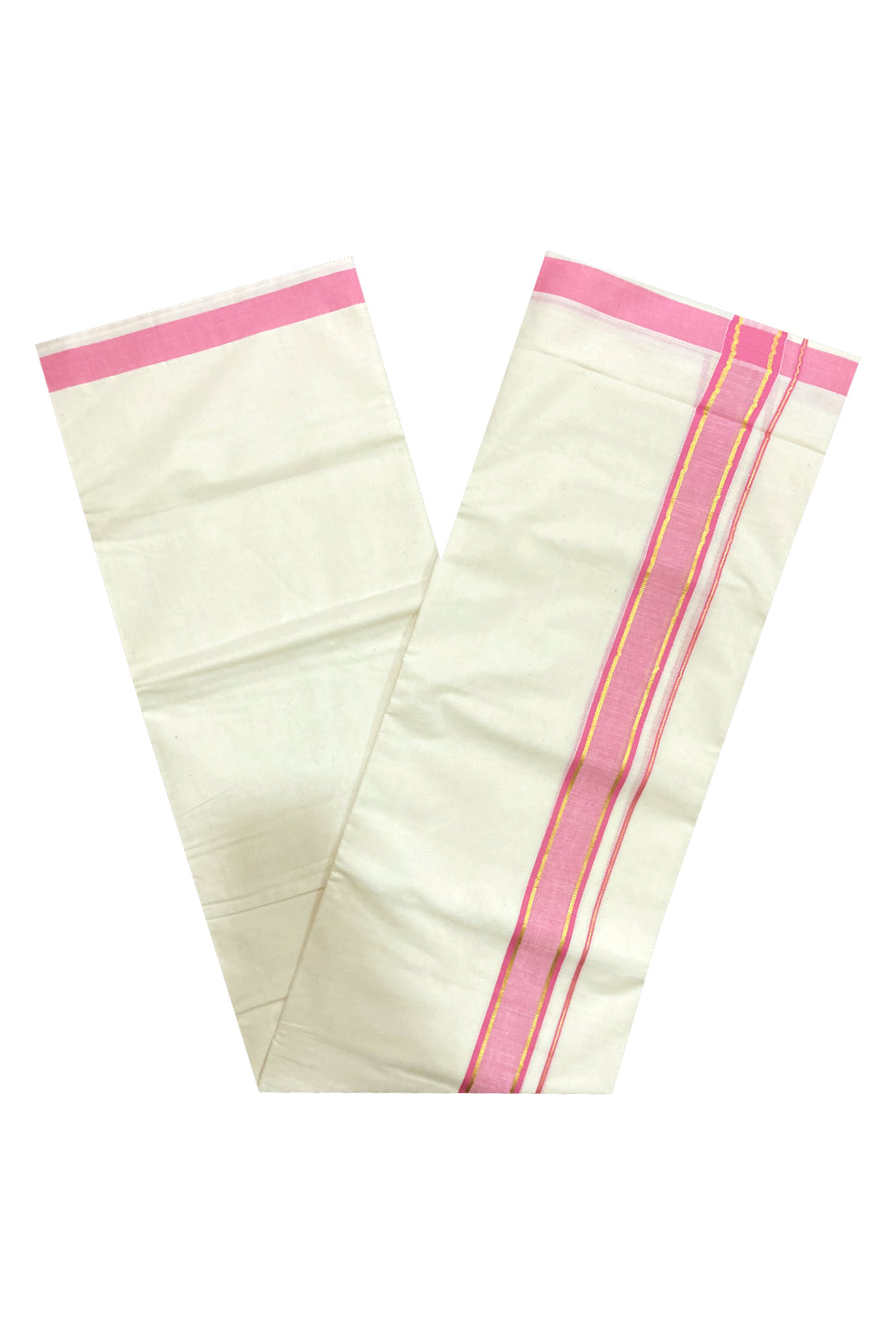 Off White Pure Cotton Double Mundu with Kasavu and Pink Border (South Indian Dhoti)