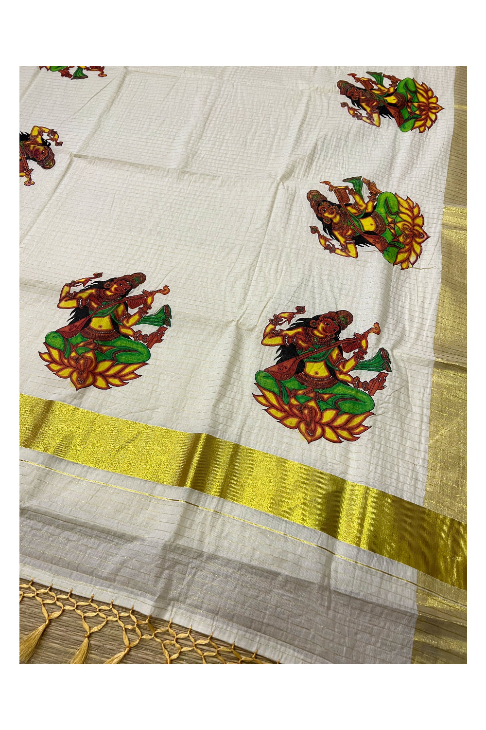 Pure Cotton Kerala Kasavu Lines Saree with Saraswati Devi Mural Prints and Tassels Work