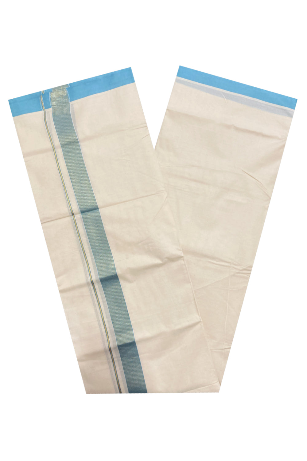 Off White Kerala Double Mundu with Kasavu and Aqua Blue Line Border (South Indian Dhoti)