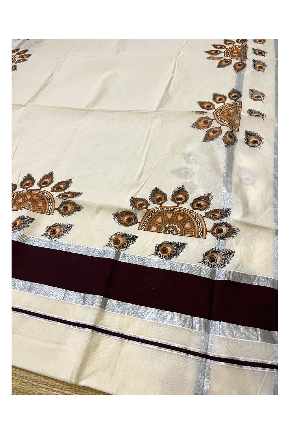 Pure Cotton Kerala Saree with Brown Peacock Feather Semi Circle Mural Prints and Silver Brown Border