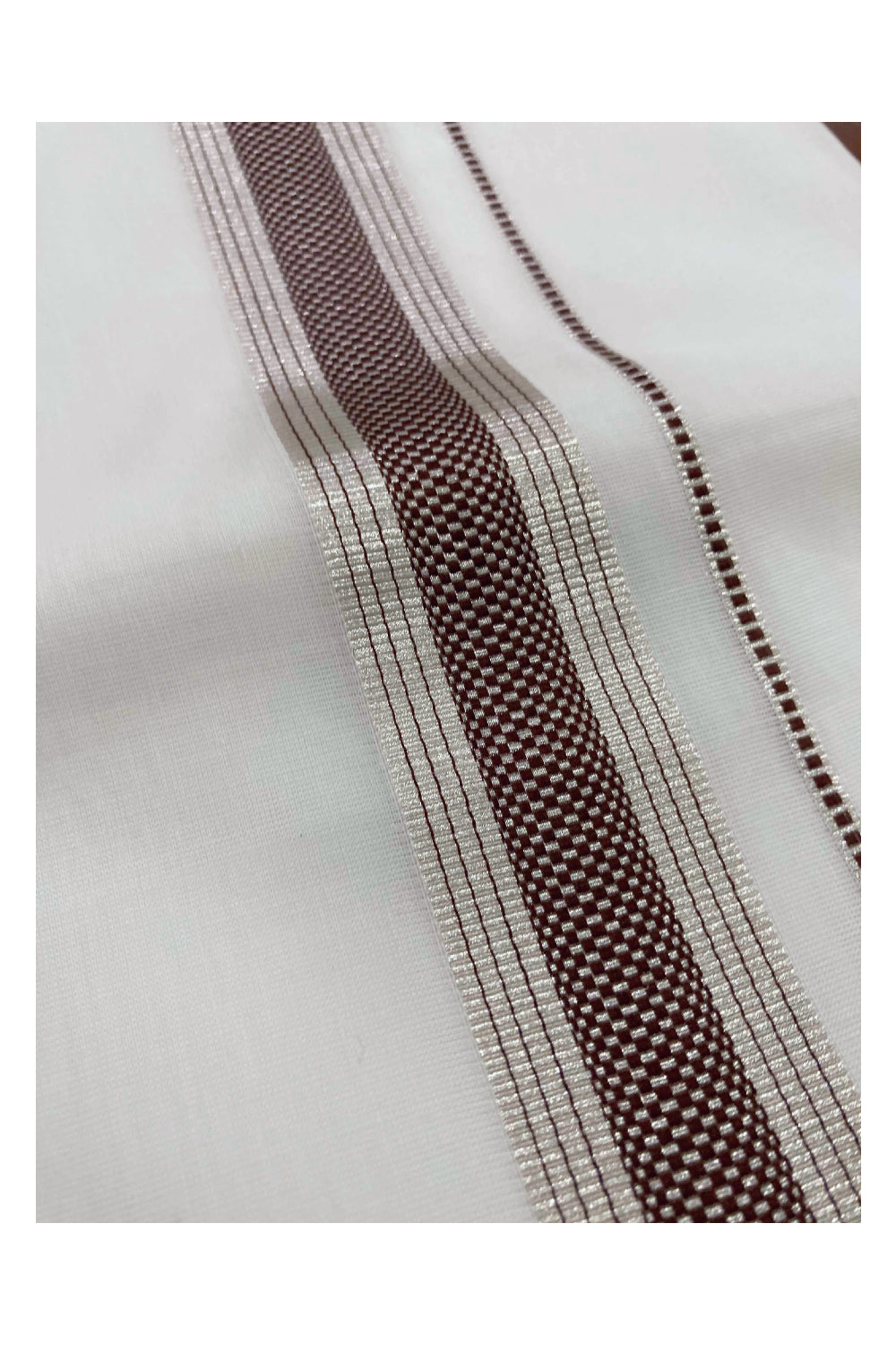 Southloom Premium Handloom Double Mundu with Silver Kasavu and Brown Kara