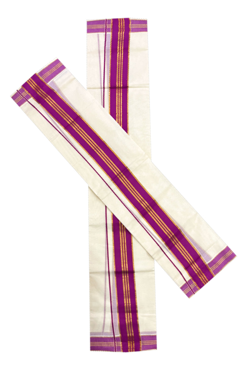 Pure Cotton Kerala Single Set Mundu (Mundum Neriyathum) with Magenta and Kasavu Border