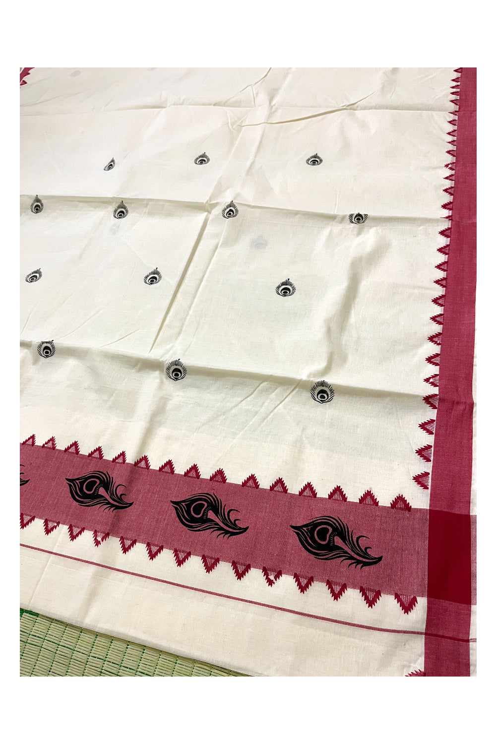 Pure Cotton Off White Kerala Saree with Red Temple Block Prints on Border (Vishu Saree 2023)