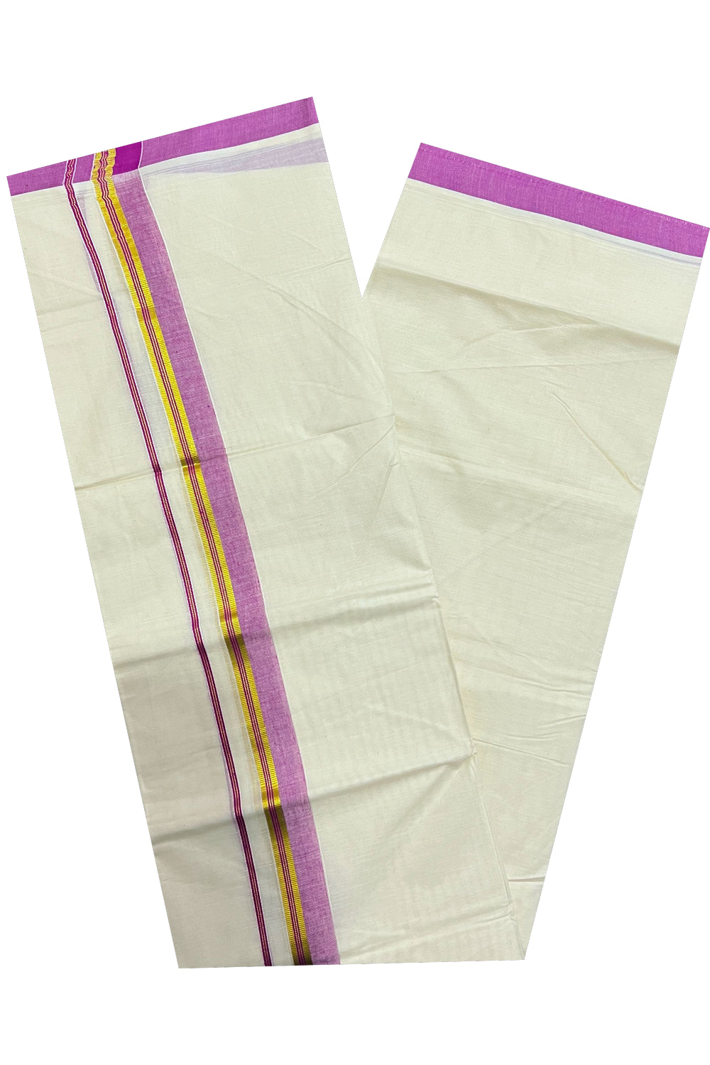 Pure Cotton Off White Double Mundu with Magenta and Kasavu Border (South Indian Kerala Dhoti)