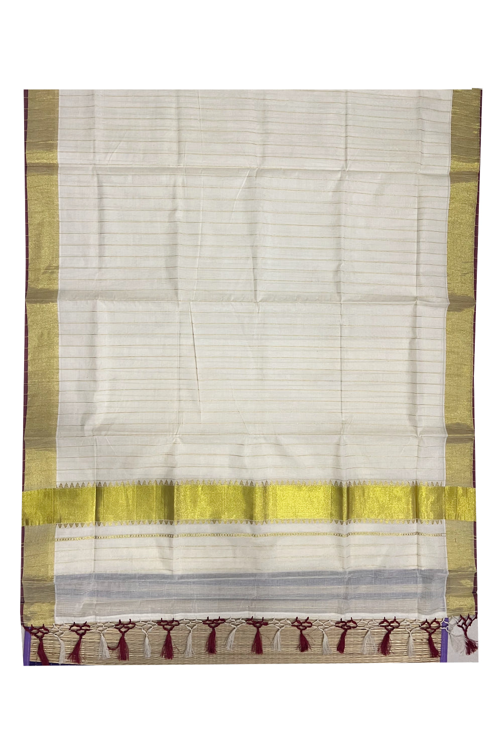 Kerala Cotton Stripes Design Saree with Kasavu Temple Pallu and Maroon Tassels work