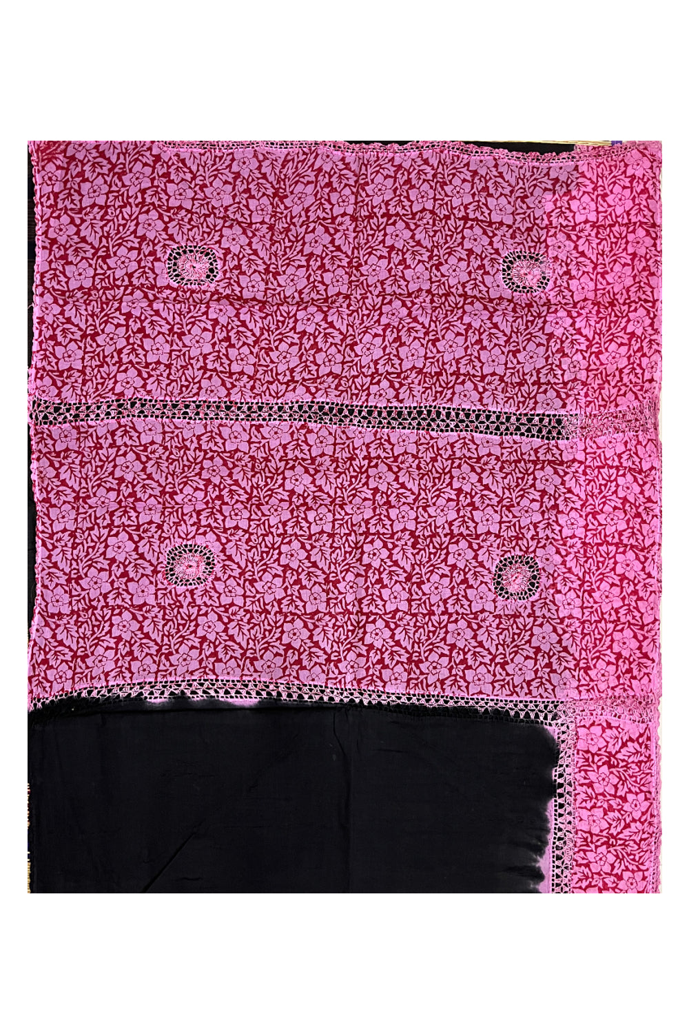 Southloom Pure Cotton Black Saree with Designer Pink Crochet works on Border