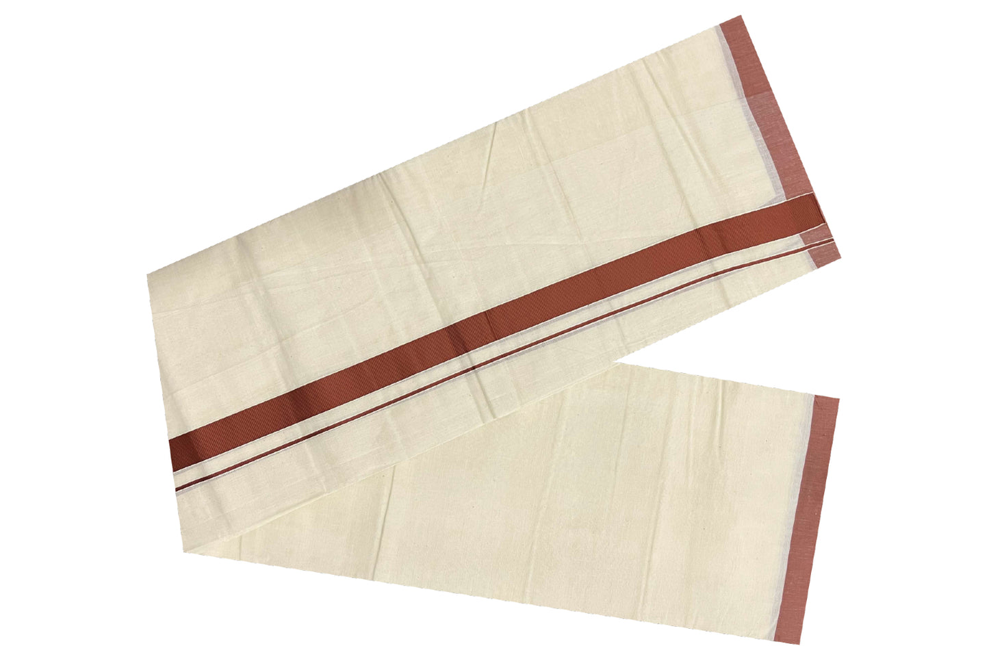 Off White Pure Cotton Double Mundu with Dark Orange Kara (South Indian Dhoti)