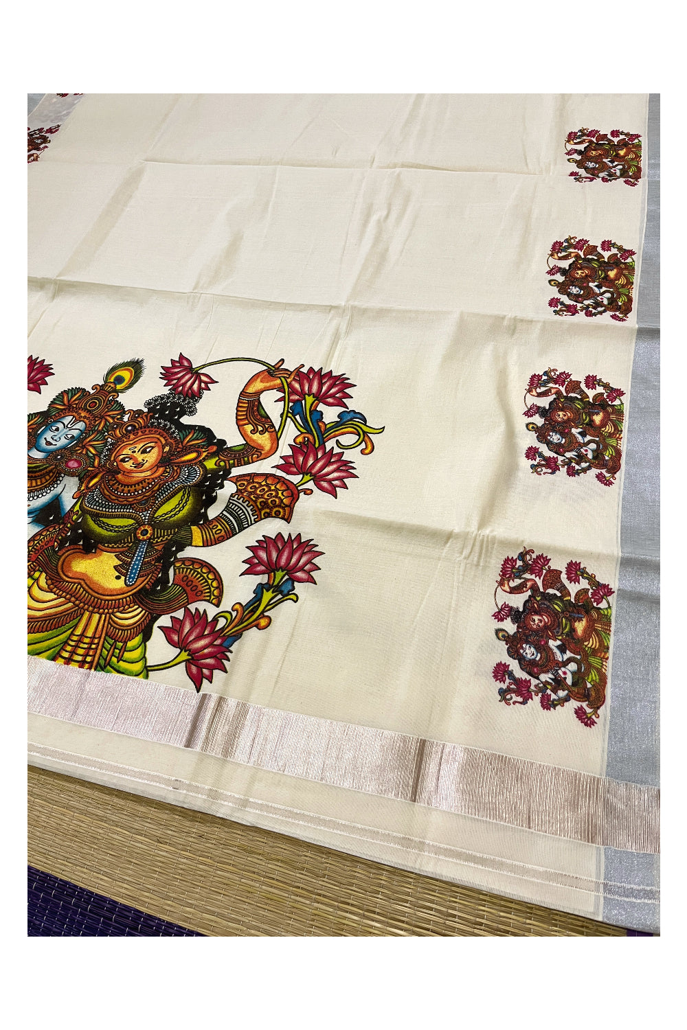 Kerala Pure Cotton Saree with Krishna Radha Mural Prints and Silver Border