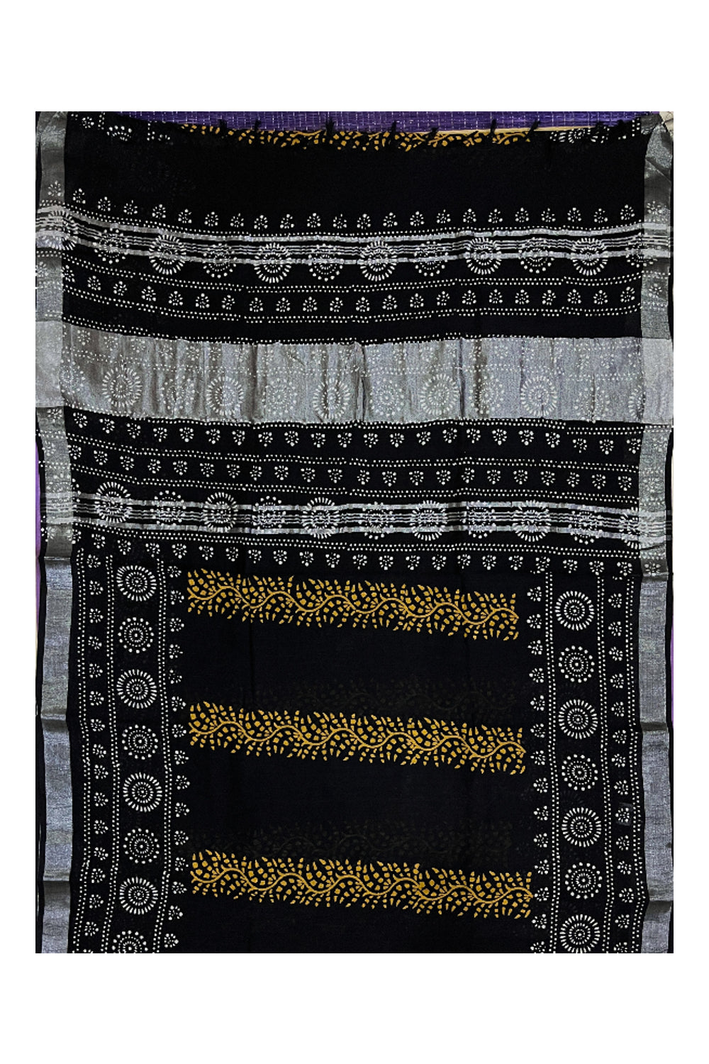 Southloom Linen Designer Black Saree with Yellow White Fabric Prints on Body and Tassels Works