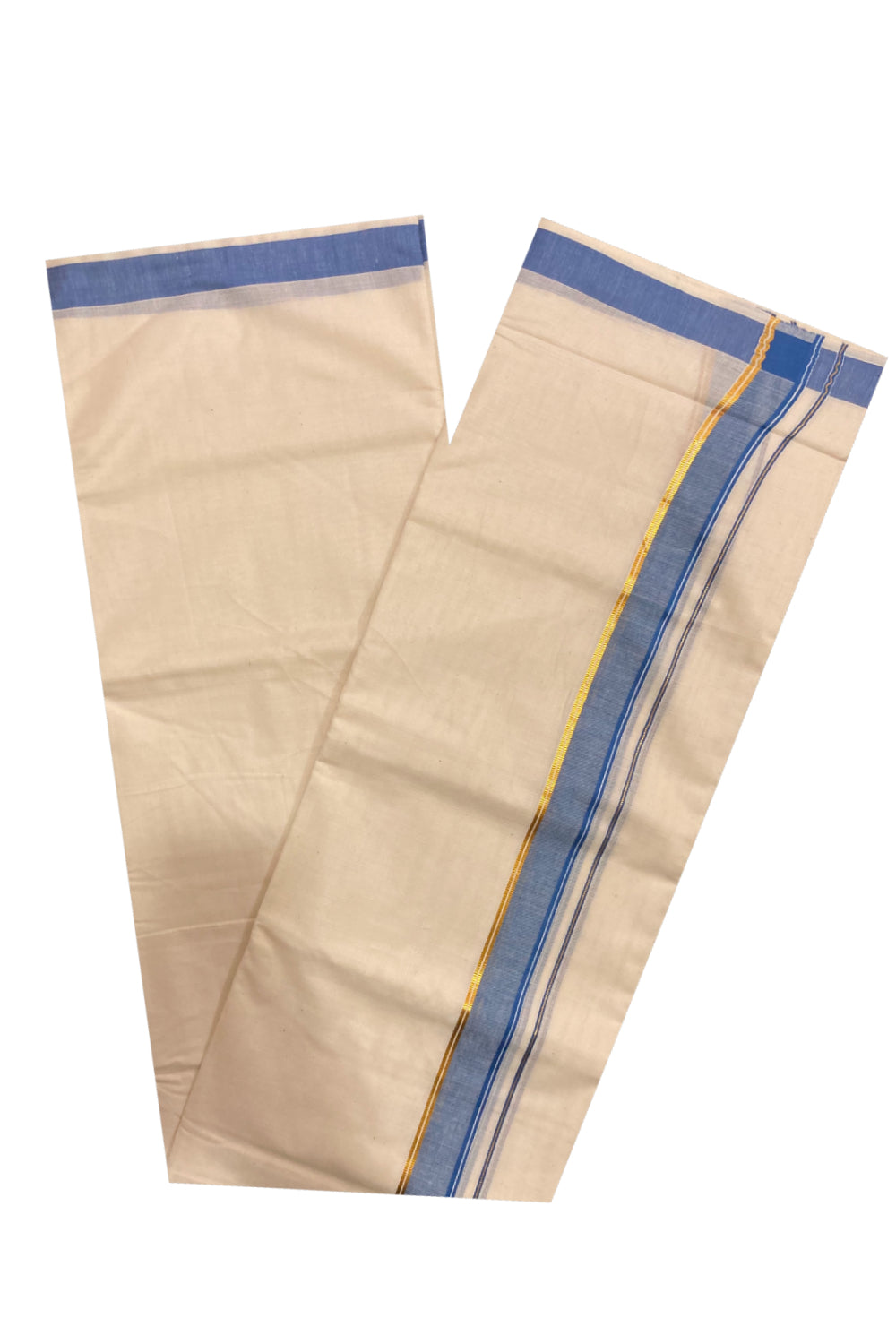 Pure Cotton Double Mundu with Blue and Kasavu Border (South Indian Dhoti)