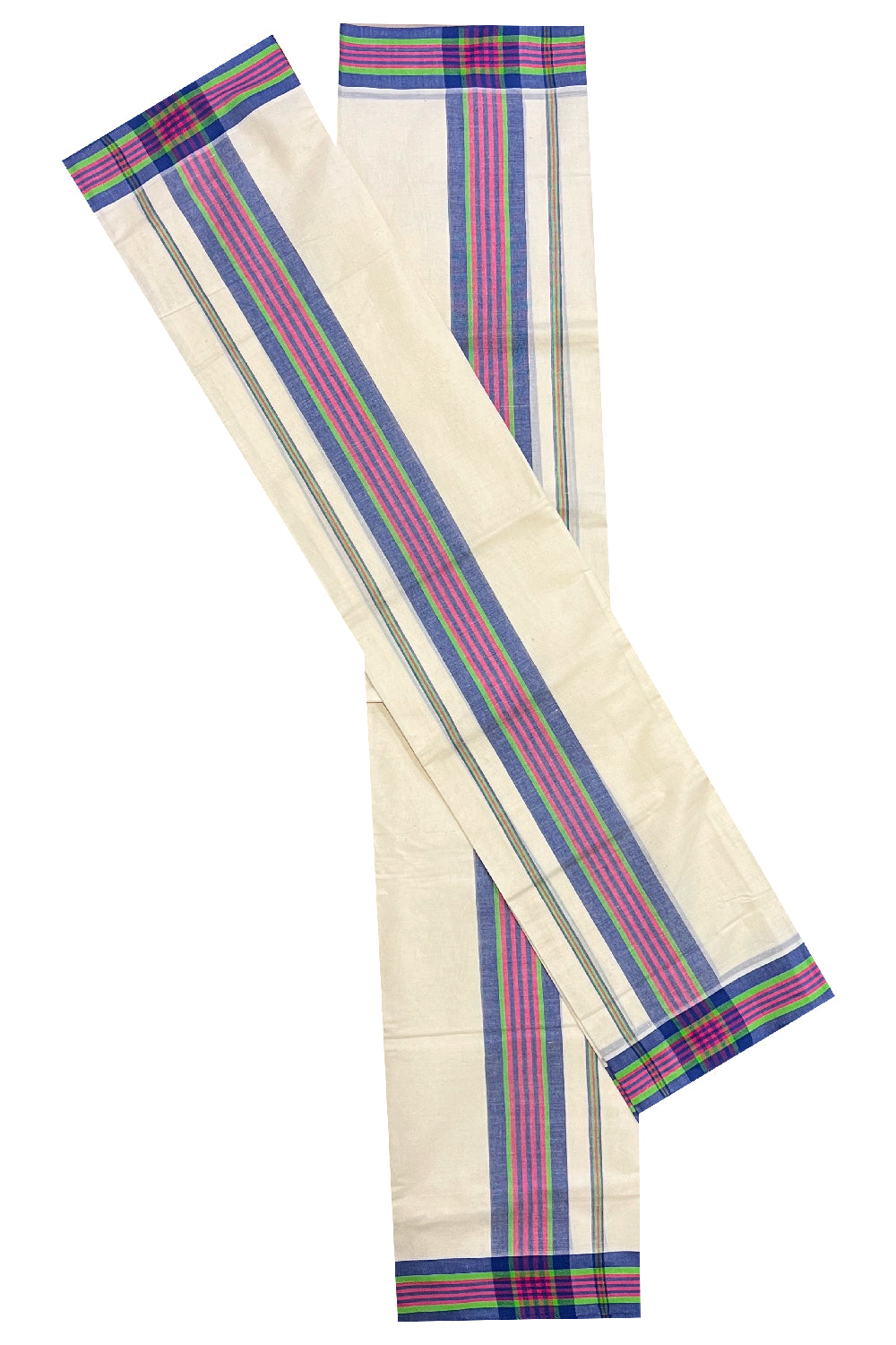 Kerala Cotton Mundum Neriyathum Single (Set Mundu) with Blue Green and Red Mulloth Border (Extra Soft Cotton)