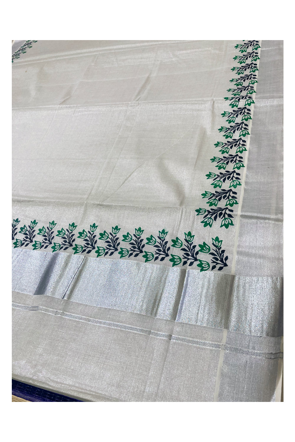 Kerala Silver Tissue Kasavu Saree with Green and Black Block Prints