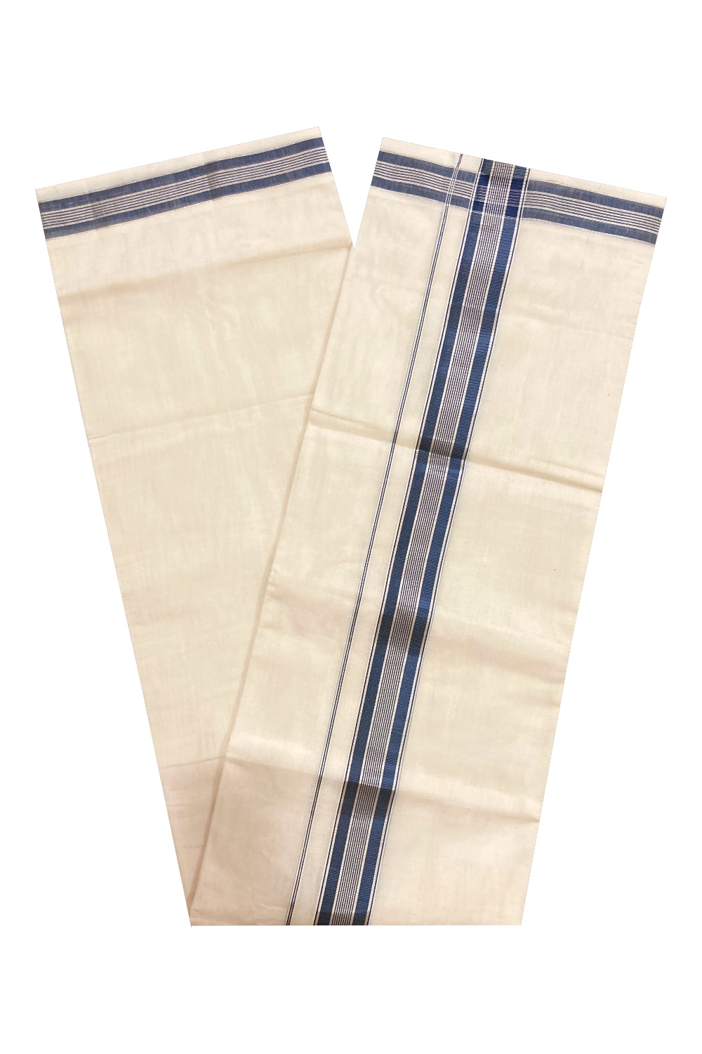 Southloom Premium Handloom Cotton Off White Mundu with Silver and Navy Blue Kasavu Border (South Indian Dhoti)