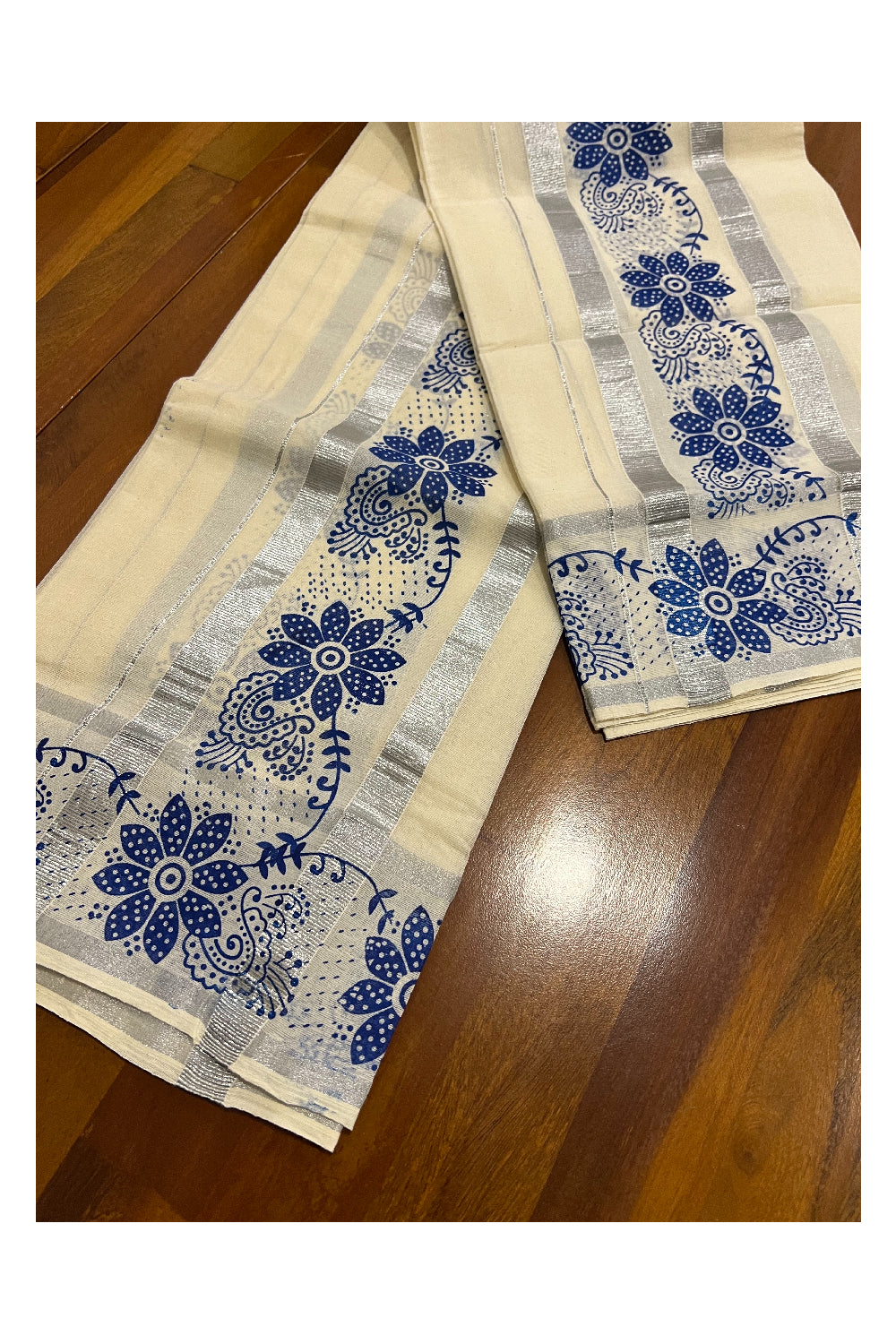 Kerala Cotton Silver Kasavu Set Mundu (Mundum Neriyathum) with Blue Floral Block Print Border