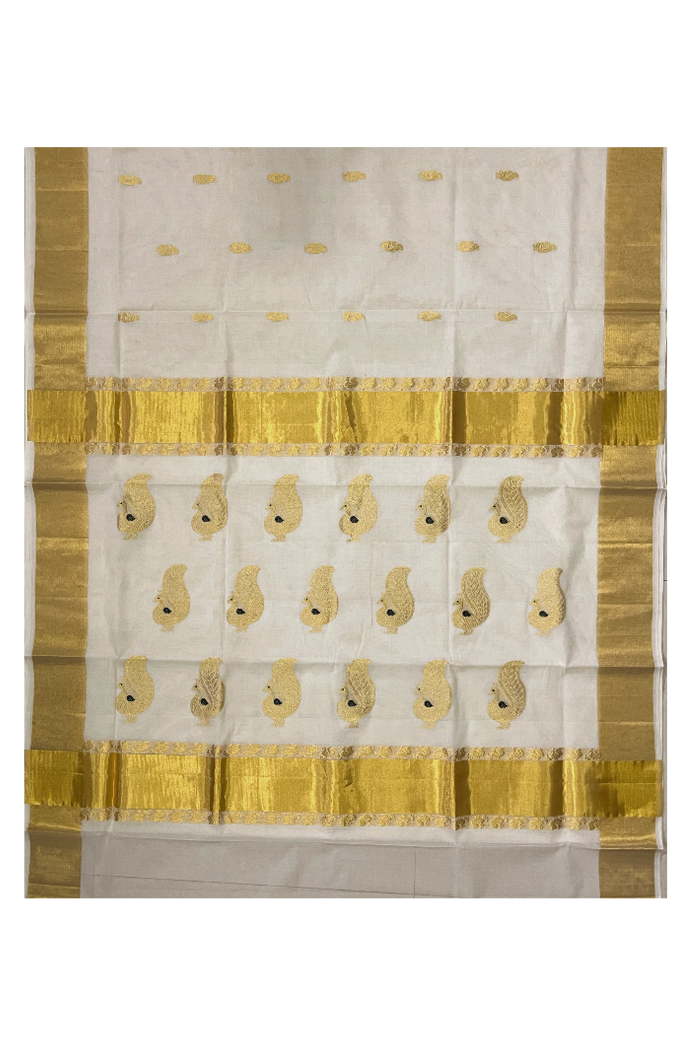 Southloom™ Original Handloom Cotton Kasavu Handwoven Peacock Motifs Saree