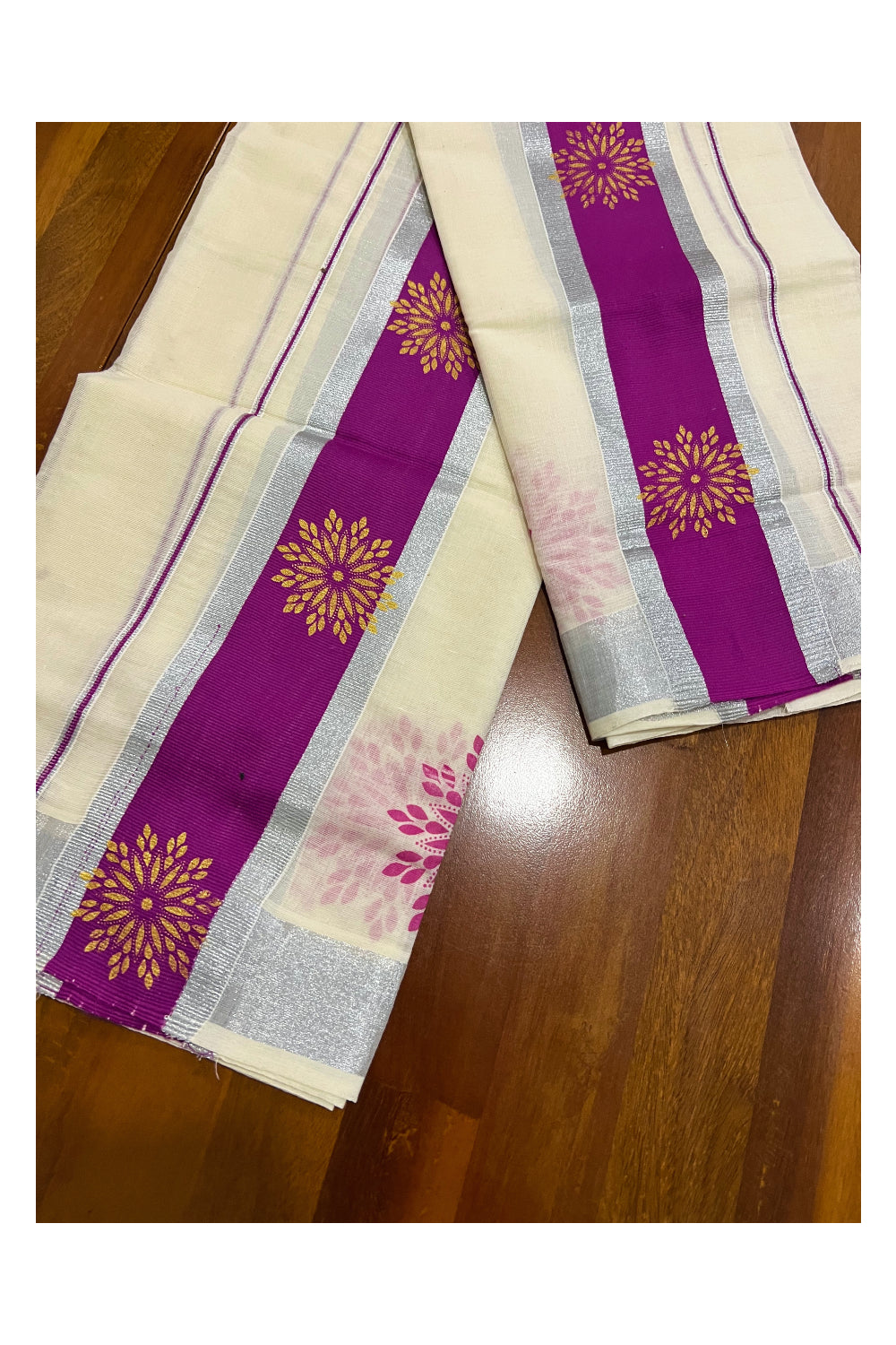 Pure Cotton Kerala Silver Kasavu Set Mundu (Mundum Neriyathum) with Floral Block Prints on Magenta Border