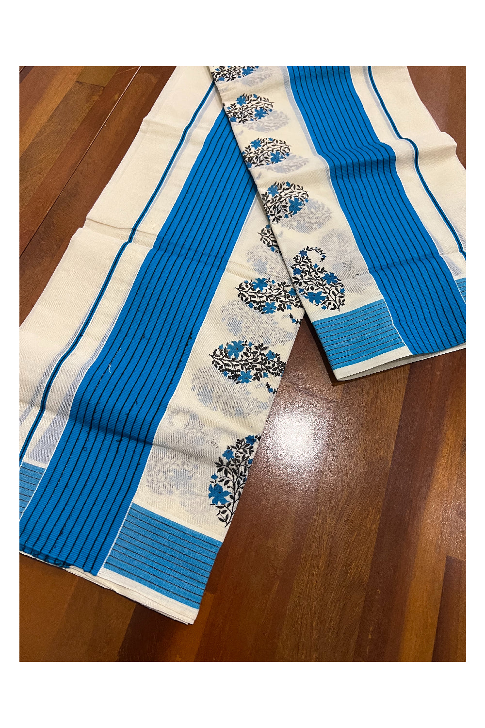 Kerala Cotton Set Mundu (Mundum Neriyathum) with Floral Block Prints in Blue Border