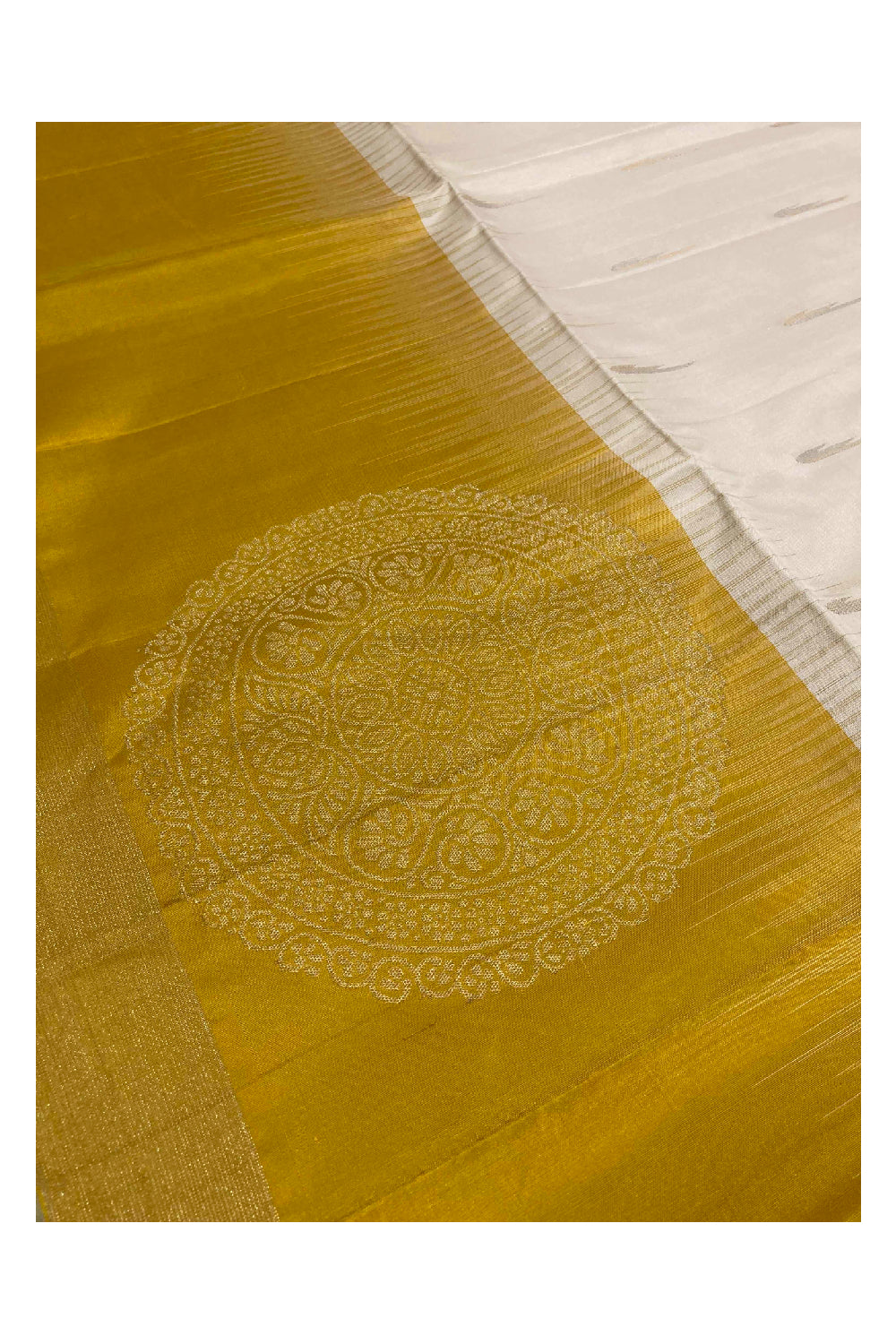 Southloom Handloom Pure Silk Kanchipuram Saree in Cream and Yellow Zari Motifs