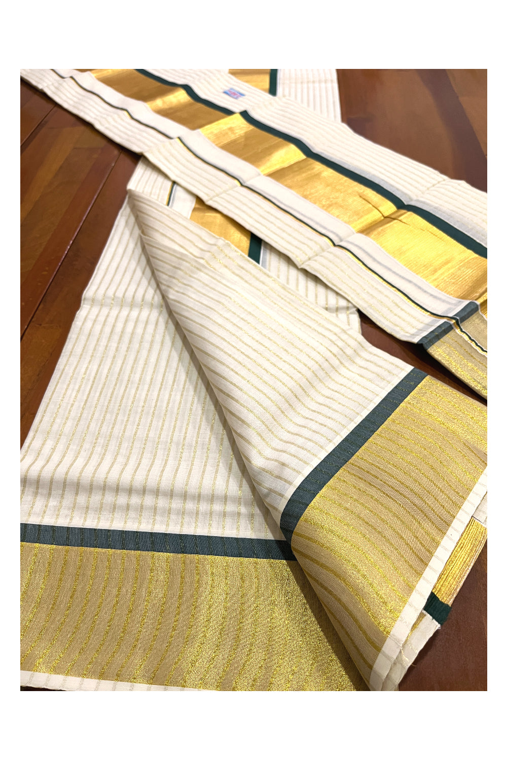 Kerala Cotton Set Mundu (Mundum Neriyathum) with Kasavu Lines on Body and Dark Green Border 2.80 Mtrs