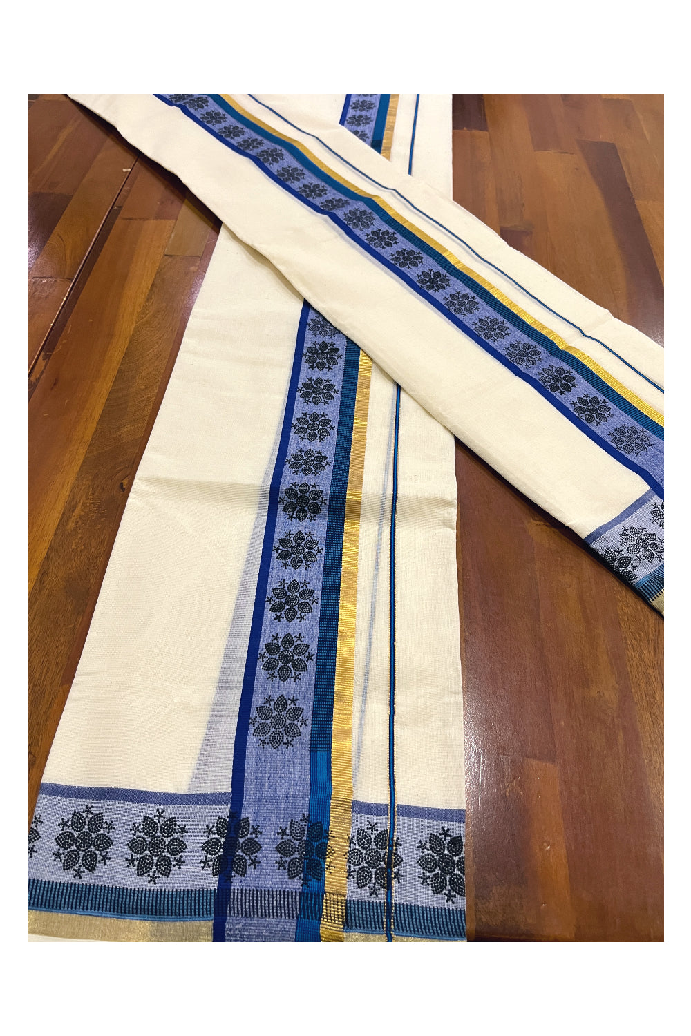 Kerala Cotton Single Kasavu Set Mundu (Mundum Neriyathum) with Block Prints on Blue Border