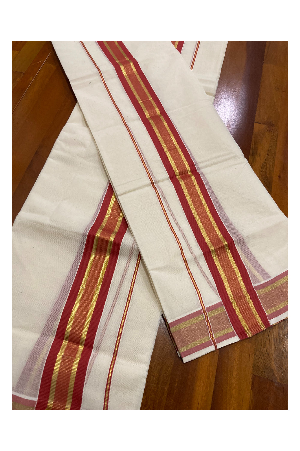 Kerala Cotton Mundum Neriyathum Double (Set Mundu) with Brick Red and Kasavu Border