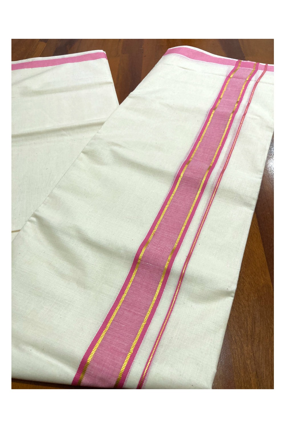 Off White Pure Cotton Double Mundu with Kasavu and Pink Border (South Indian Dhoti)