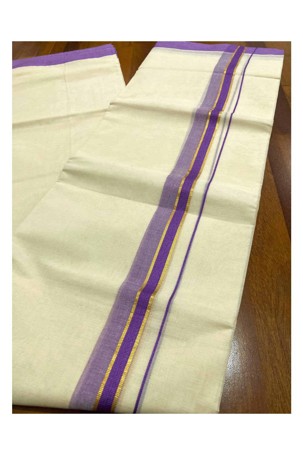 Pure Cotton Off White Double Mundu with Violet and Kasavu Border (South Indian Dhoti)