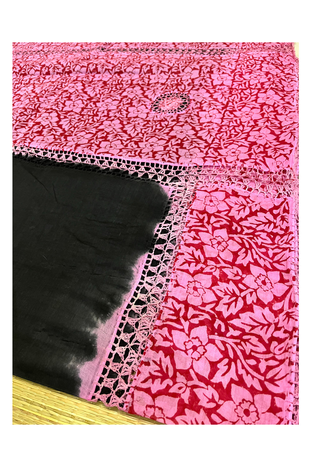 Southloom Pure Cotton Black Saree with Designer Pink Crochet works on Border