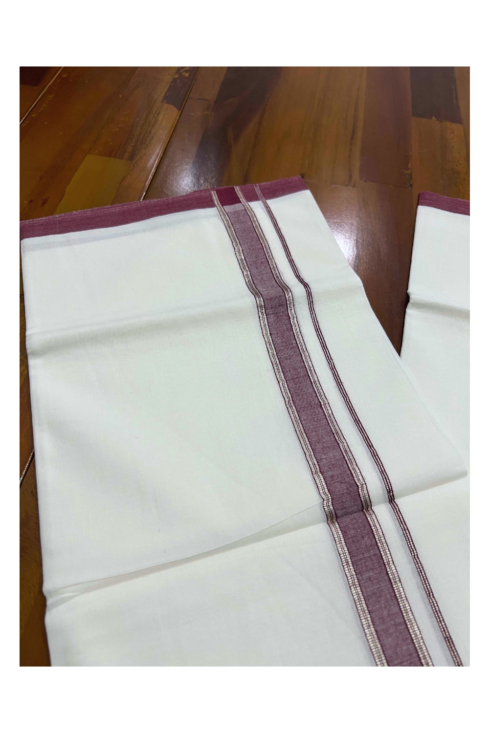 Pure White Cotton Mundu with Purple and Silver Kara (South Indian Dhoti)