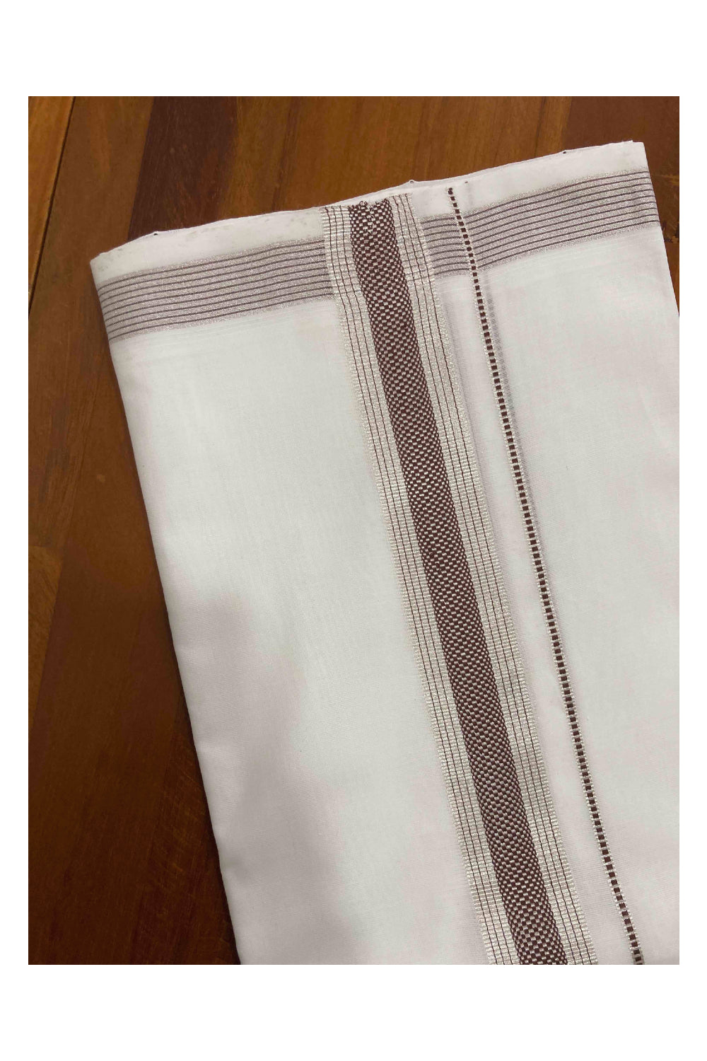 Southloom Premium Handloom Double Mundu with Silver Kasavu and Brown Kara