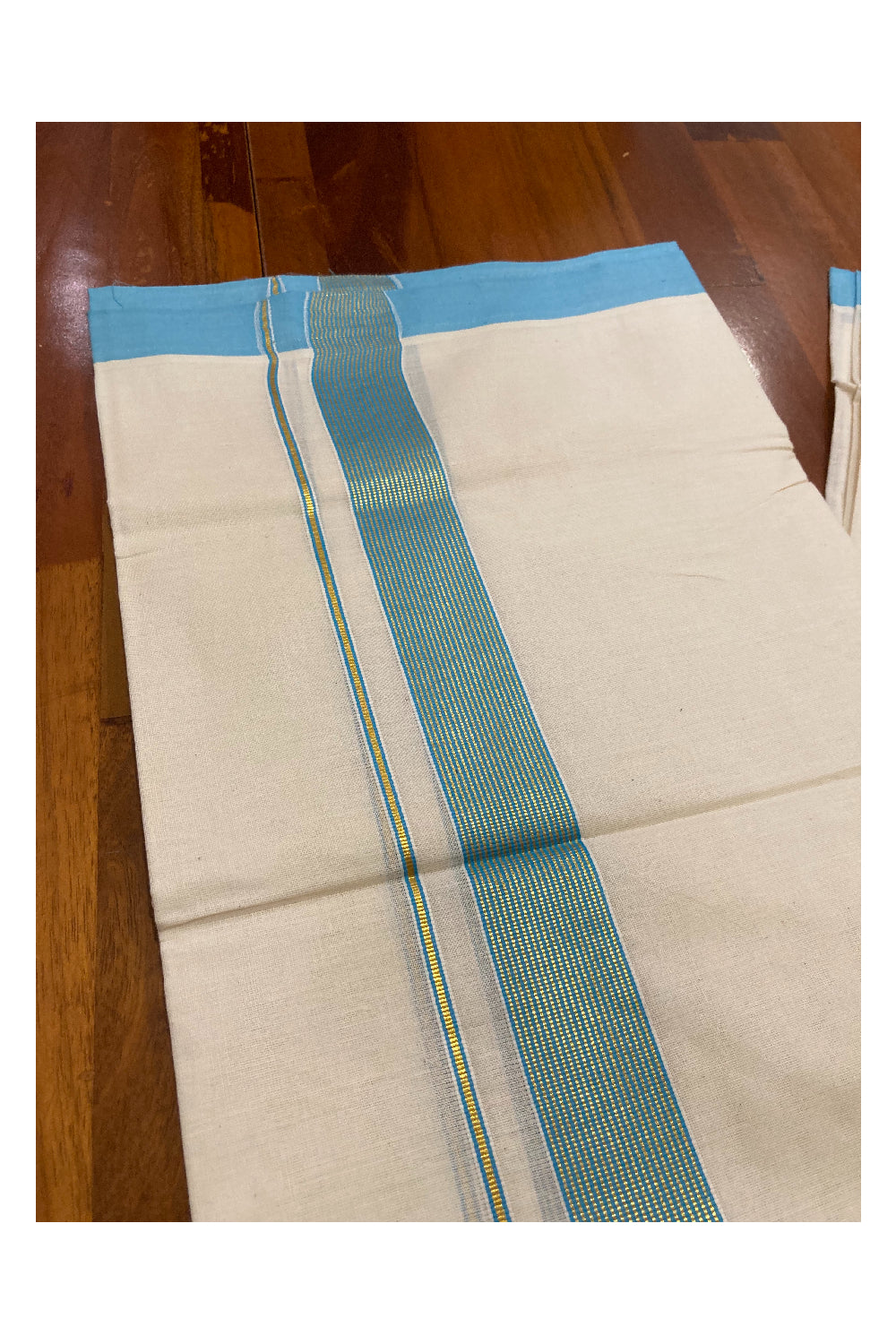 Off White Kerala Double Mundu with Kasavu and Aqua Blue Line Border (South Indian Dhoti)