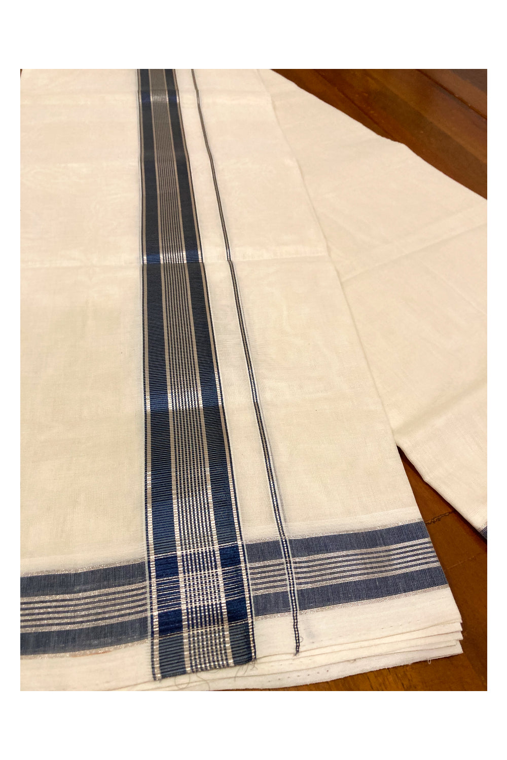 Southloom Premium Handloom Cotton Off White Mundu with Silver and Navy Blue Kasavu Border (South Indian Dhoti)