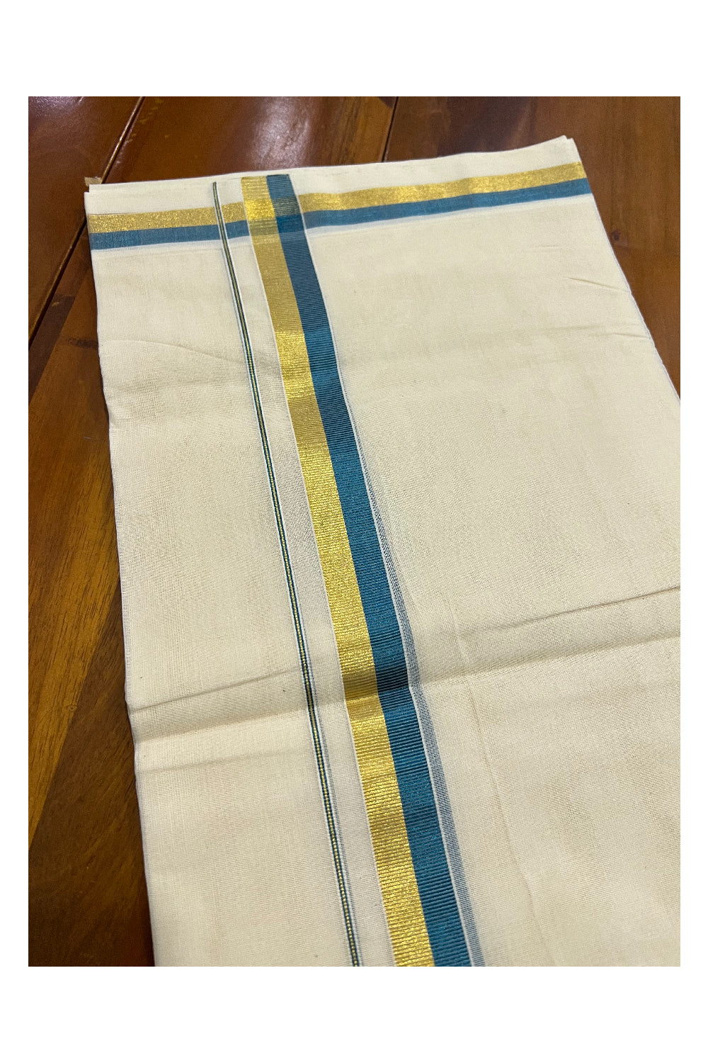 Southloom Balaramapuram Handloom Pure Cotton Mundu with Golden and Light Blue Kasavu Border (South Indian Dhoti)