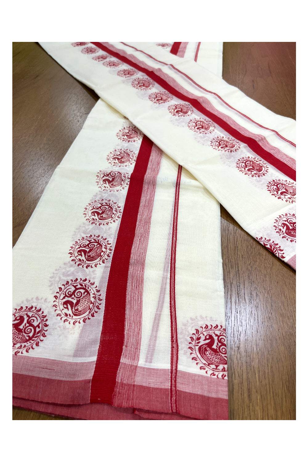 Kerala Cotton Single Set Mundu (Mundum Neriyathum) with Red Peacock Block Prints on Border