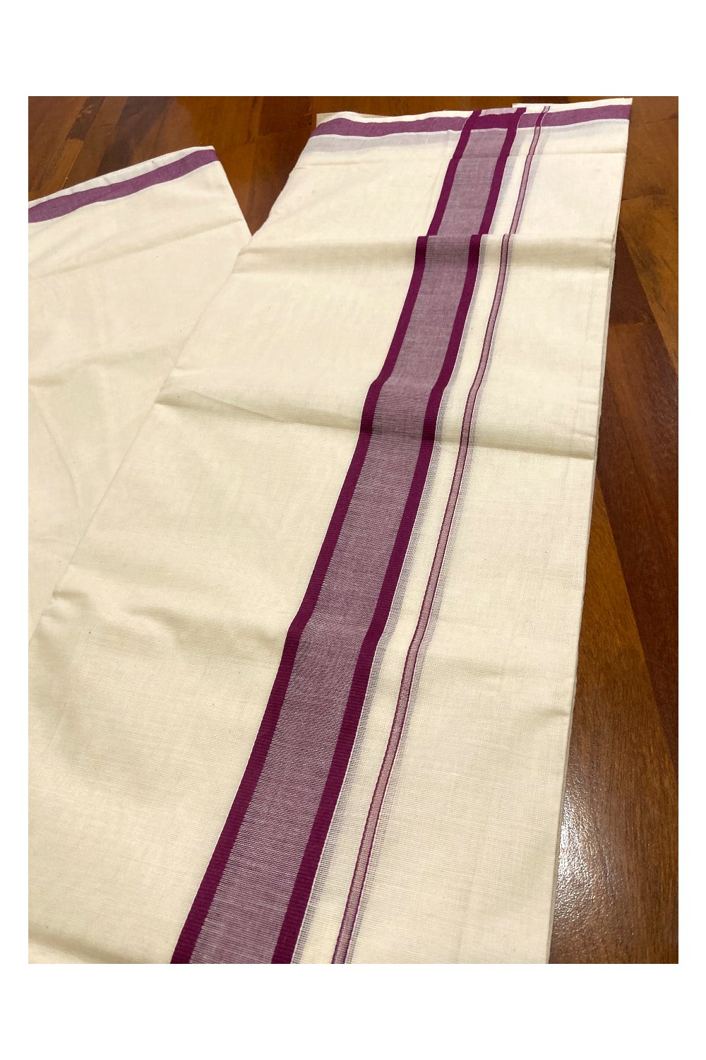 Off White Pure Cotton Double Mundu with Purple Border (South Indian Dhoti)