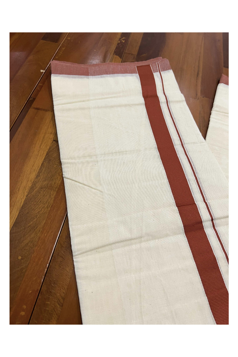 Off White Pure Cotton Double Mundu with Dark Orange Kara (South Indian Dhoti)