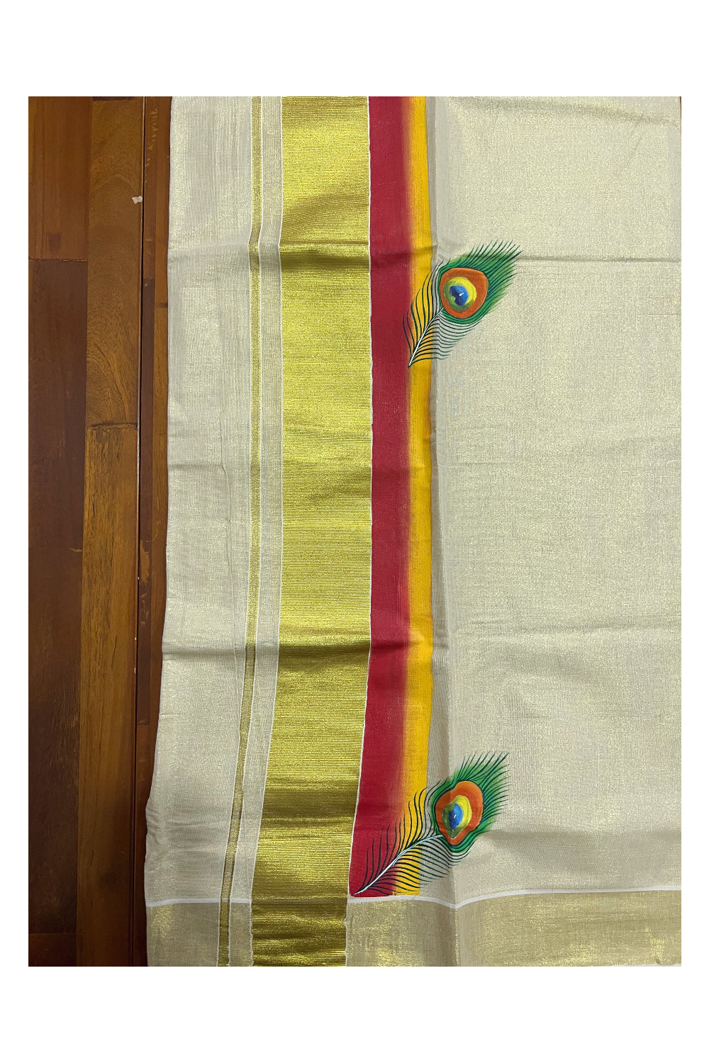 Kerala Tissue Kasavu Set Mundu (Mundum Neriyathum) with Red Hand Painted Works on Border