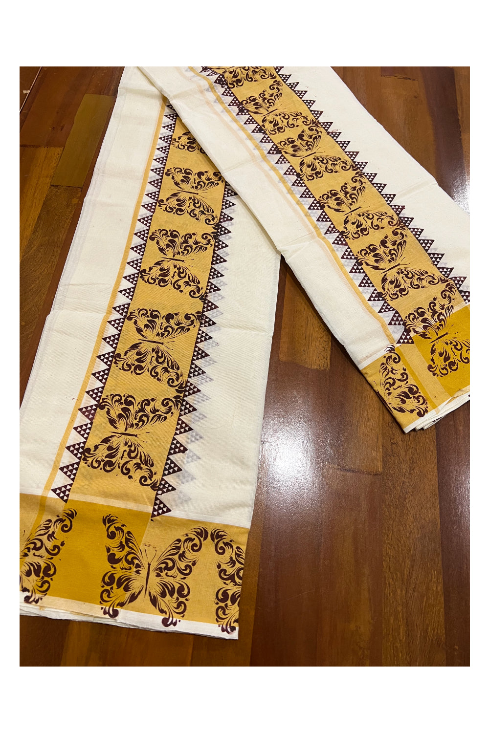 Kerala Cotton Set Mundu (Mundum Neriyathum) with Brown Butterfly Temple Block Prints on Yellow Border