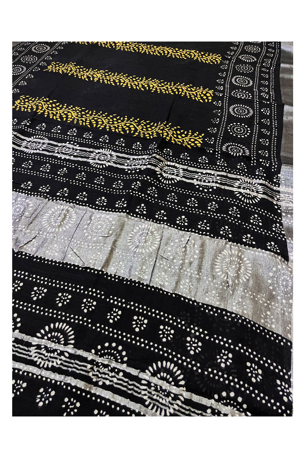 Southloom Linen Designer Black Saree with Yellow White Fabric Prints on Body and Tassels Works