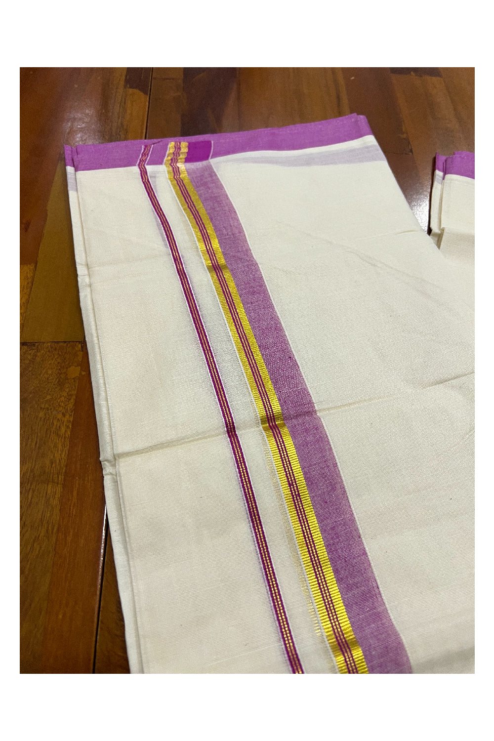 Pure Cotton Off White Double Mundu with Magenta and Kasavu Border (South Indian Kerala Dhoti)