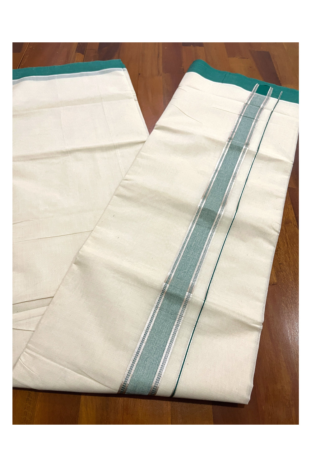 Pure Cotton Off White Double Mundu with Green and Silver Kara (South Indian Dhoti)