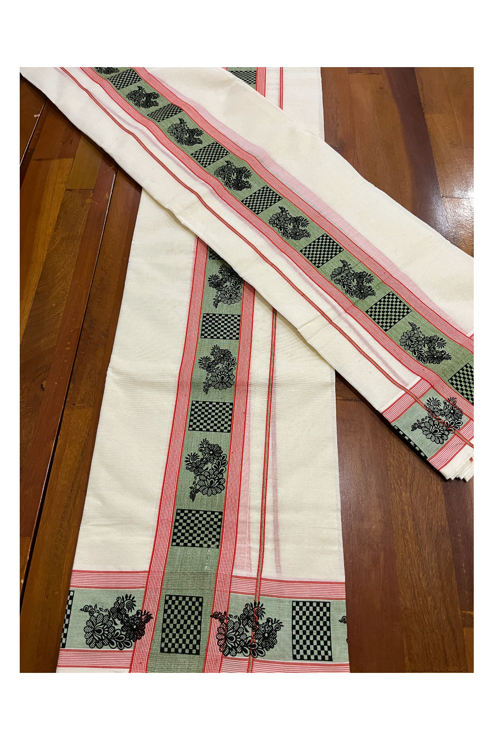 Kerala Cotton Single Set Mundu (Mundum Neriyathum) with Black Block Prints on Green Red Border