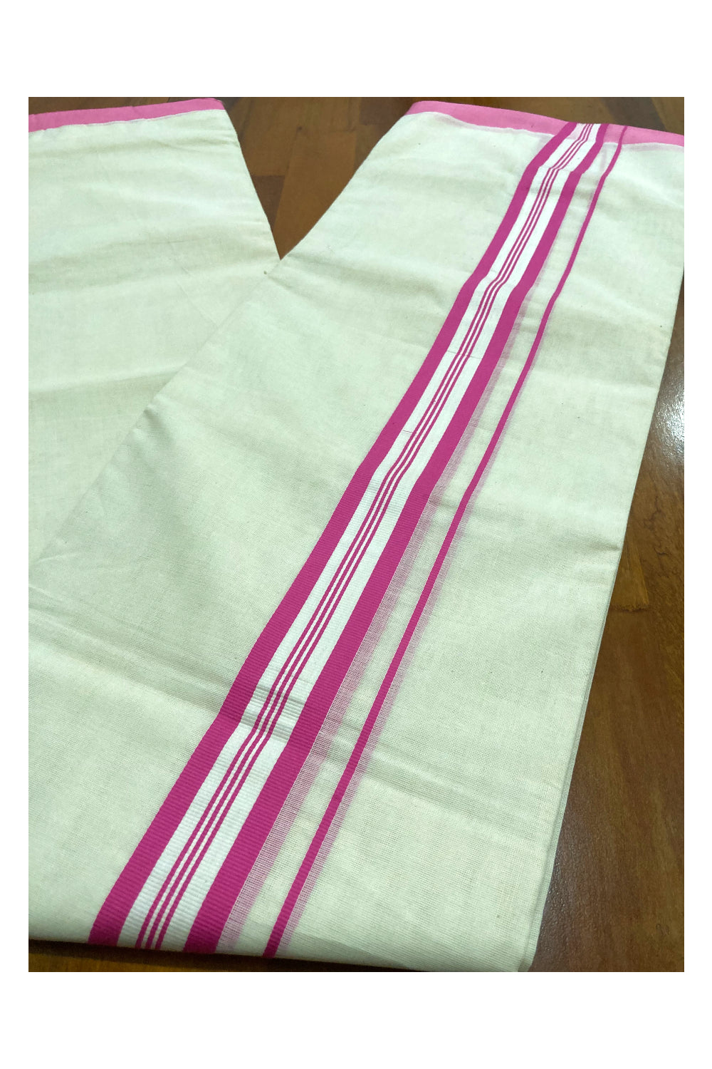 Off White Pure Cotton Double Mundu with Pink and White Border (South Indian Dhoti)