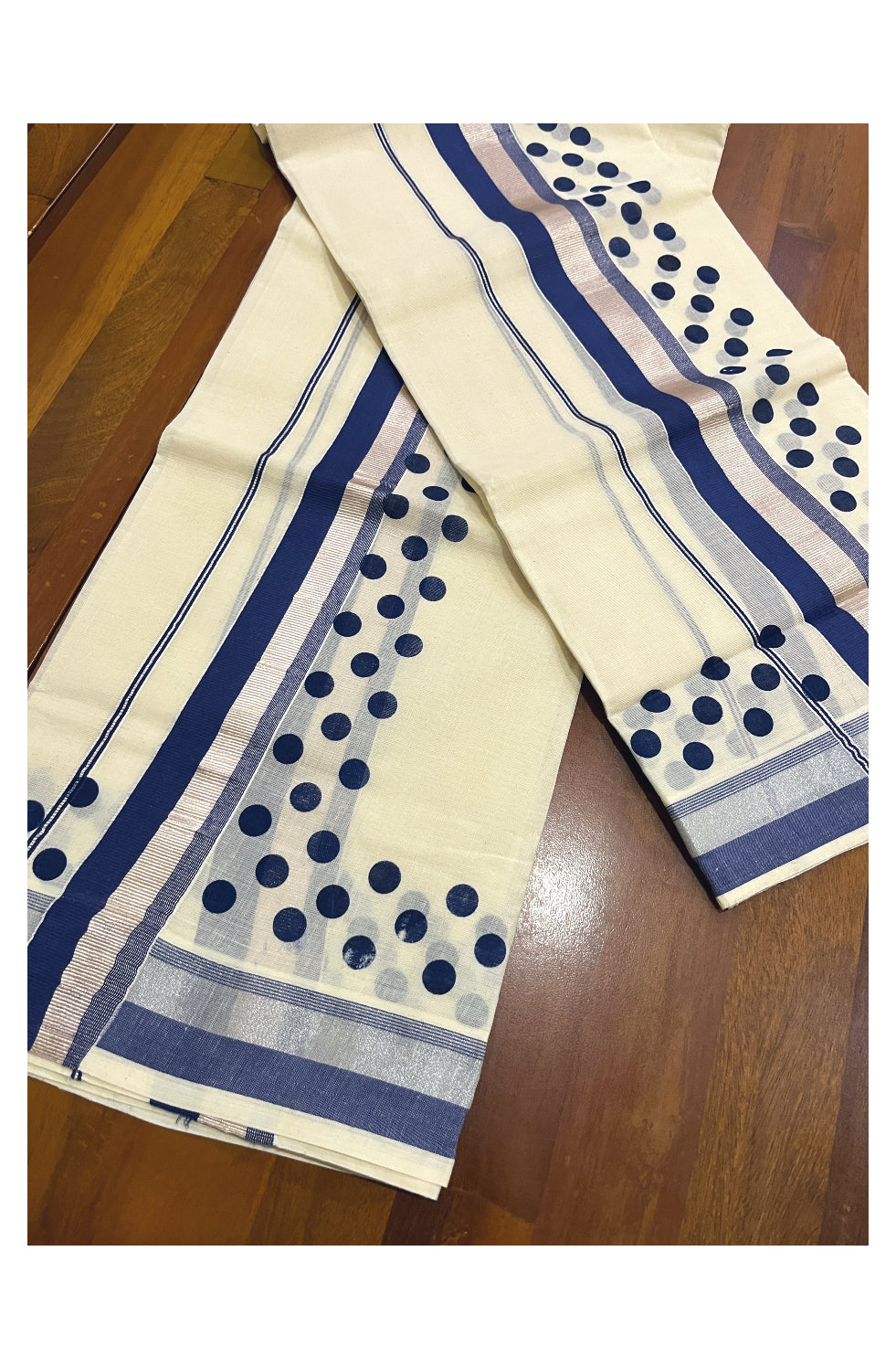 Kerala Cotton Silver Kasavu Set Mundu (Mundum Neriyathum) with Blue Polka Prints