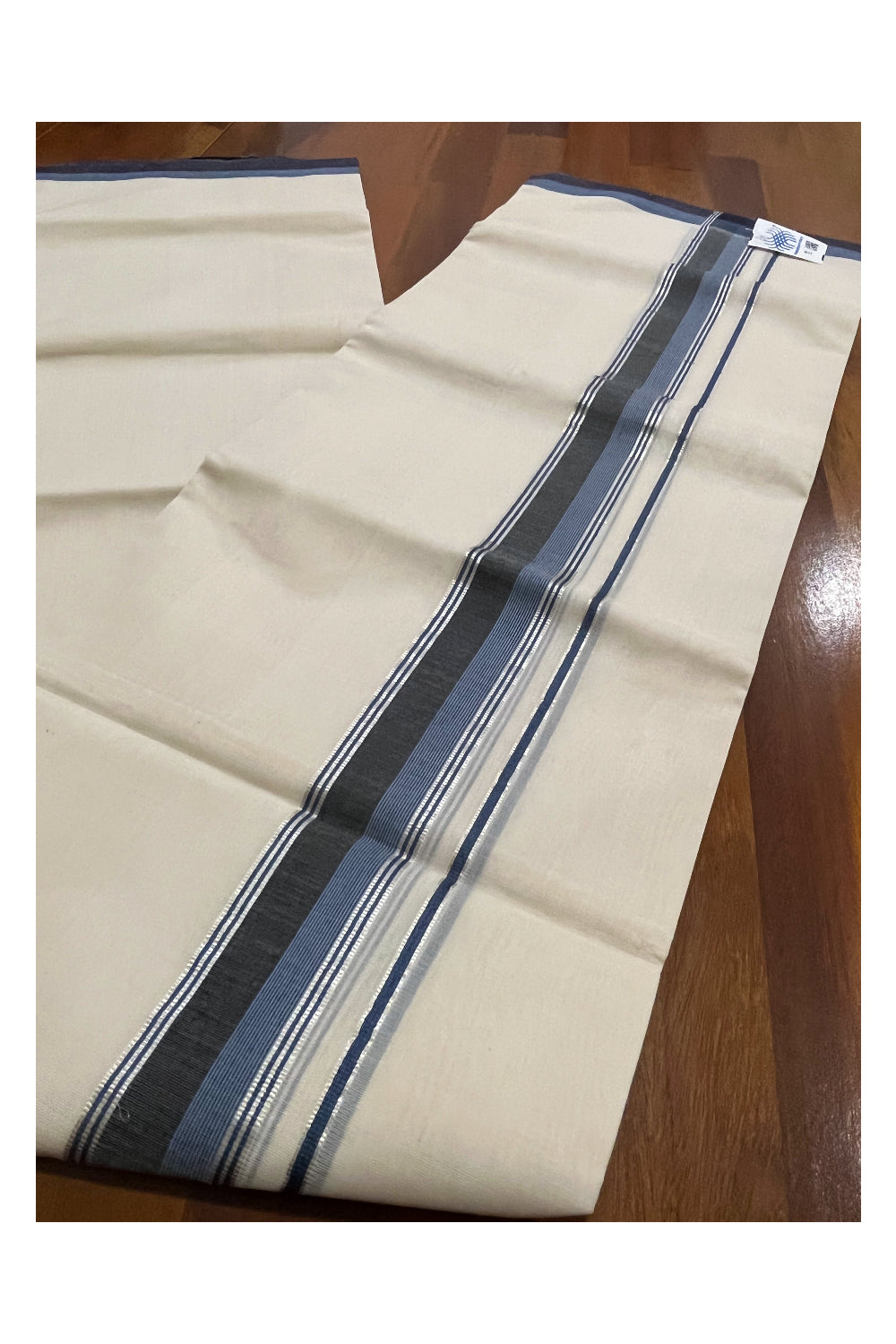 Southloom Premium Unakkupaavu Handloom Wedding Mundu with Blue Black and Silver Kasavu Border (South Indian Kerala Dhoti)