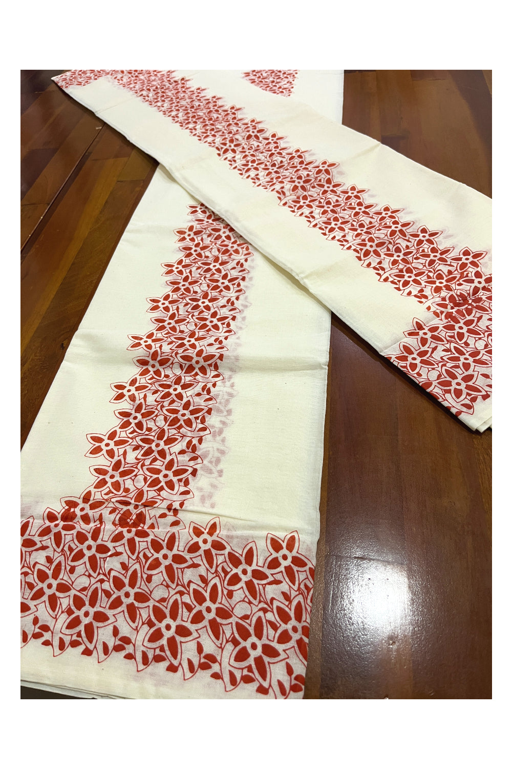 Kerala Cotton Set Mundu (Mundum Neriyathum) with Orange Floral Block Printed Border