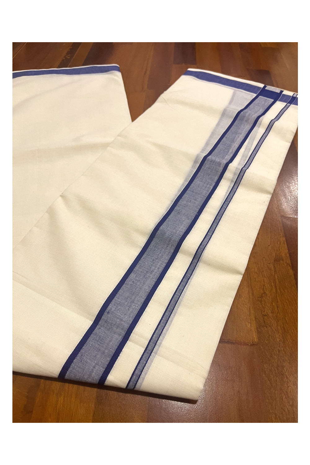 Pure Cotton Off White Double Mundu with Blue Border (South Indian Dhoti)