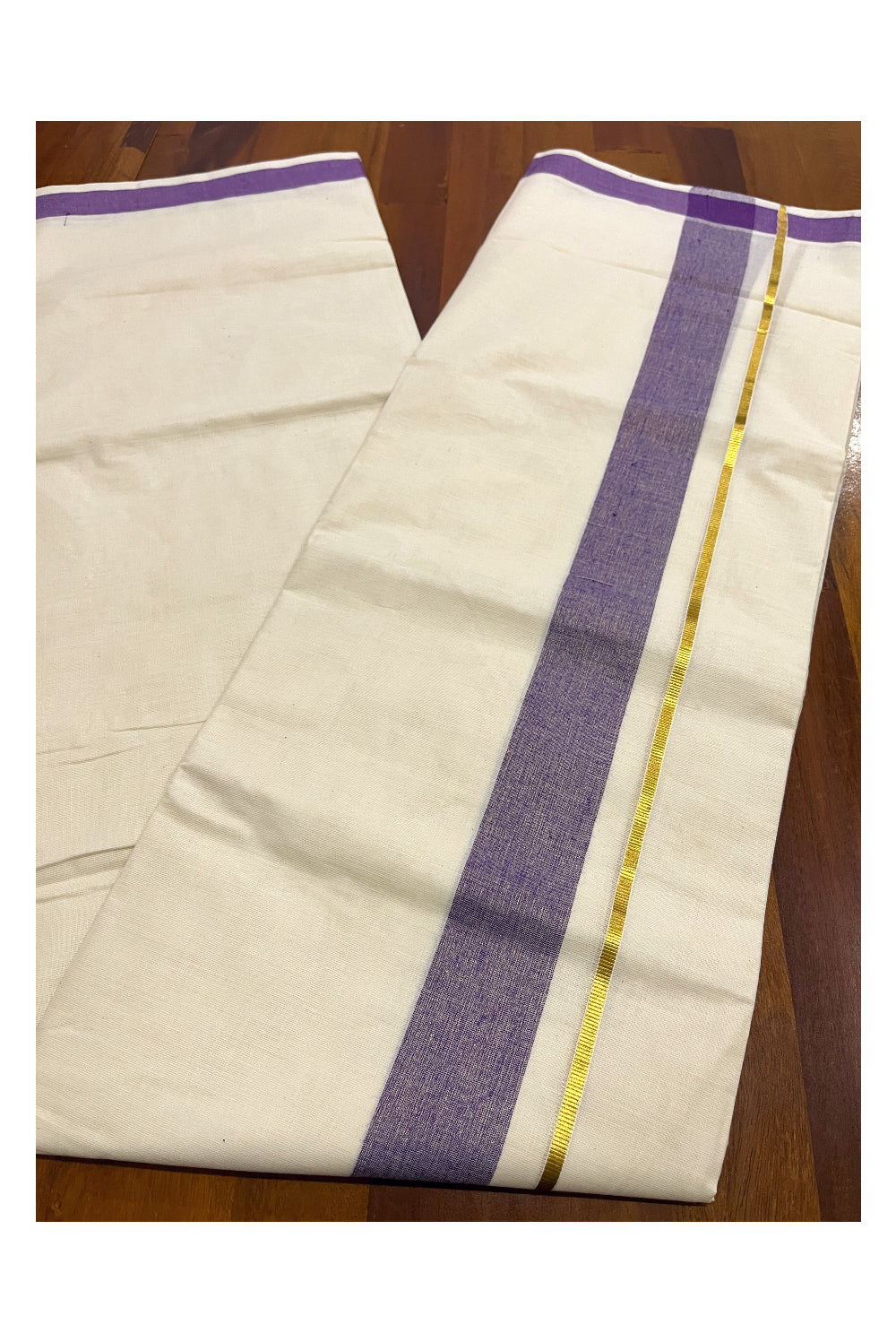 Pure Cotton Double Mundu with Kasavu Violet Kara (South Indian Dhoti)