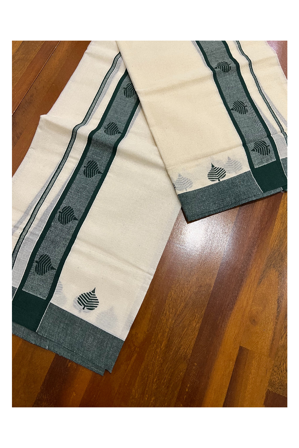 Pure Cotton Set Mundu (Mundum Neriyathum) with Dark Green Leaf Block Prints on Border